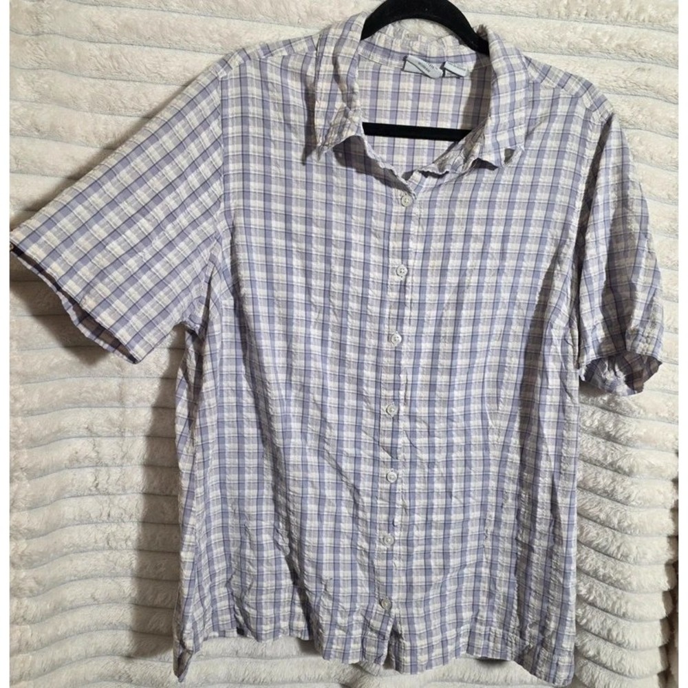 Sonoma Life Style Woman Plaid Button Up Shirt Purple White Cotton 1X